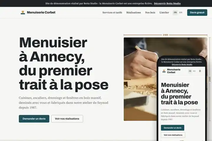 Le site de démonstration Menuiserie Corbet, sur ordinateur et sur téléphone