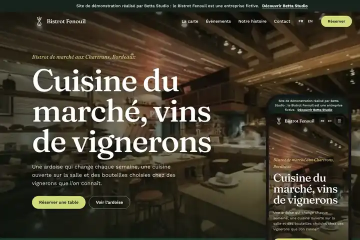 Site de démonstration Betta Studio : le Bistrot Fenouil, sur ordinateur et sur téléphone