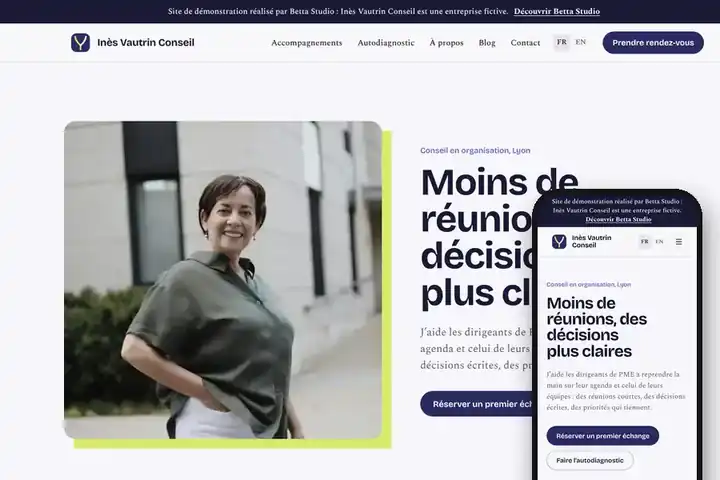 Le site de démonstration Inès Vautrin Conseil, sur ordinateur et sur téléphone